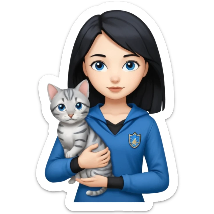 Girl with light skin, blue eyes, shoulder length straight black hair, wears a ravenclaw outfit, with a silver bengal cat holding in her arms sticker