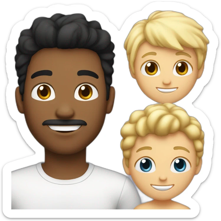 Gay couple, 1 guy Latino black straight black hair and 1 Australian white guy with blonde slightly curly hair holding a cat sticker