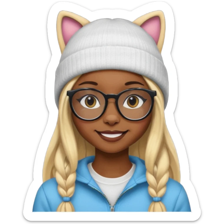 black skin, Blonde girl wearing cat  glasses and beanie, long hair sticker
