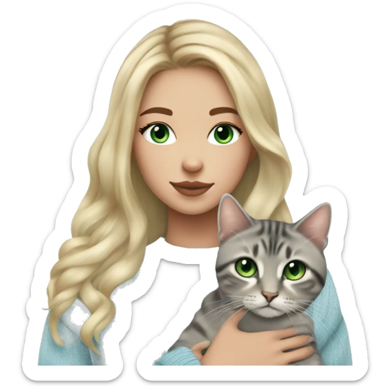 Blond chin lenght hair girl with middle part and green eyes and septum piercing in a light blue sweater holding a grey tabby cat with white paws and face sticker