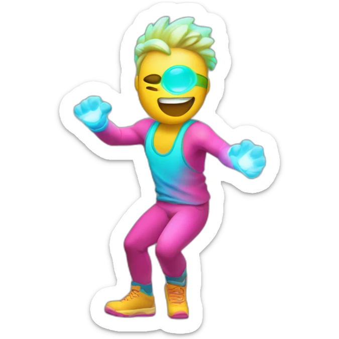 Fit, playful emoji-man with vivid neon glow, exuding a cheerful aura, and strong, lively posture.”  sticker