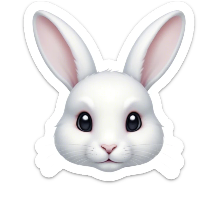 Cinematic Noble White Rabbit Portrait Emoji, Poised and regal, with a graceful, compact build and a pristine, silky white fur, long perky ears and gentle, soulful dark eyes, Simplified yet sharp and sophisticated features, highly detailed, glowing with a soft, dignified glow, high shine, intelligent and gentle, stylized with an air of refined elegance, focused and attentive, soft glowing outline, capturing the essence of a watchful and confident companion, so majestic it feels as though it could hop out of the screen with effortless authority! sticker