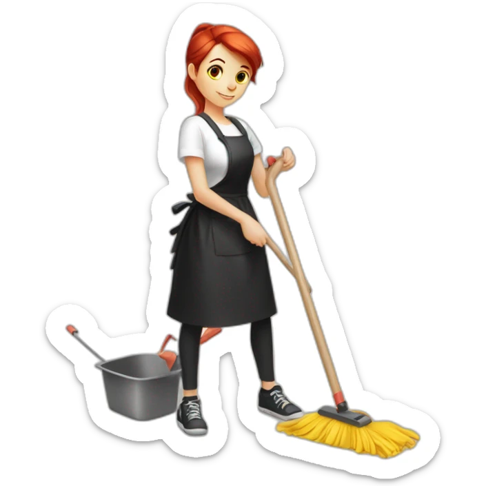 Slavic girl with red hair in a ponytail in a white T-shirt and a black apron washes the floor with a mop  sticker