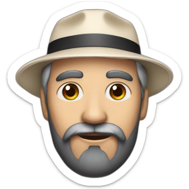 A grandfather with a black beard and a cyber eye on the right side of his face wearing a hat sticker