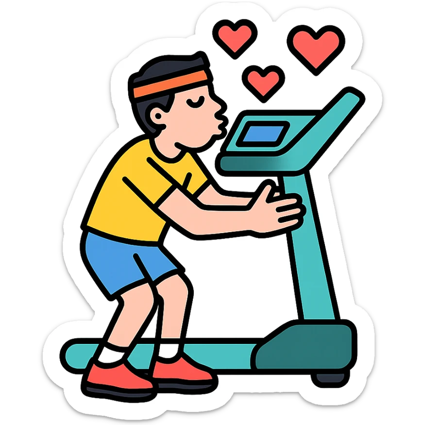 the sportsman is hugging and kissing the treadmill. They are surrounded by red hearts sticker