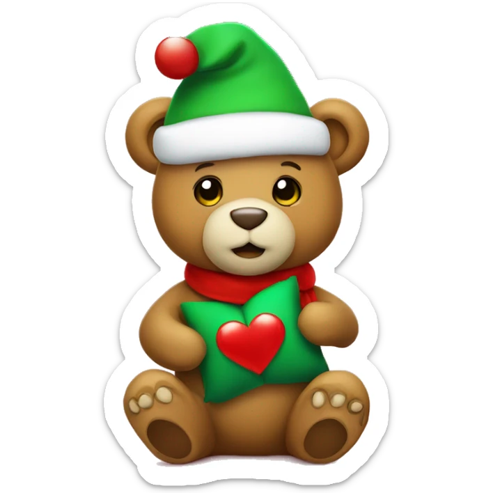 Christmas bear wearing christmas hat in red with holding green heart with two hands. Be cute sticker