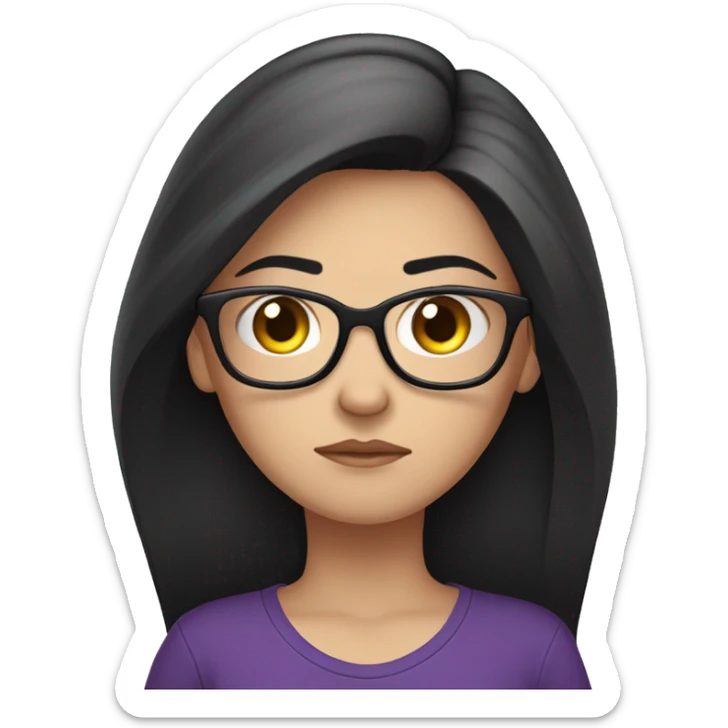 white girl, angry scowling, purple t-shirt, long black hair, wearing glasses, with arms crossed over chest. sticker