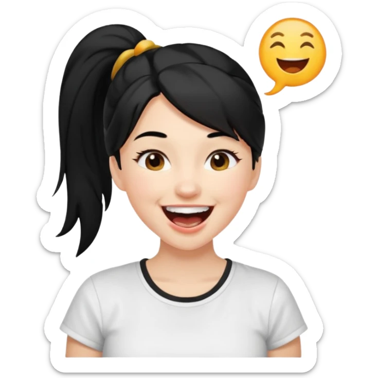 Cewe Ceria Kulit putih cerah, rambut hitam dikuncir dewasa Pakai gile putih. Lagi ketawa lepas sticker