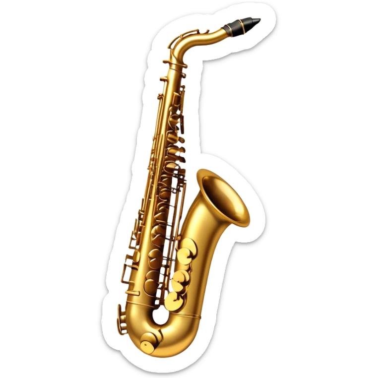 Cinematic Realistic Saxophone, smooth, curving golden brass body, intricate keywork reflecting soft warm light, rich patina adding character, glowing with a jazzy and atmospheric presence. sticker