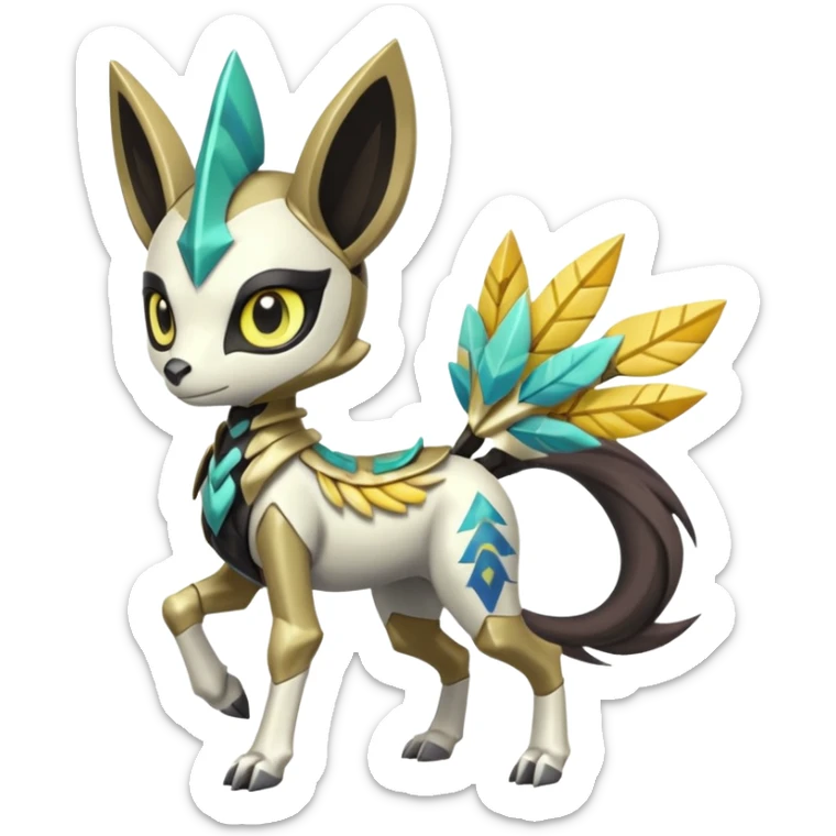 Arrow-patterned chevron-marked Cute Big-eyed anime-styled Colorful Shiny Tribal Skeletal masked armored Meloetta-Silvally-Solgaleo-Raikou-Pokémon-Digimon-Fakémon-fusion-hybrid-creature, full body sticker