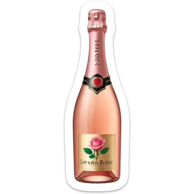 bottle of sparkling rosé champagne with a rose logo on the label, tilted up and to the right, no glass sticker