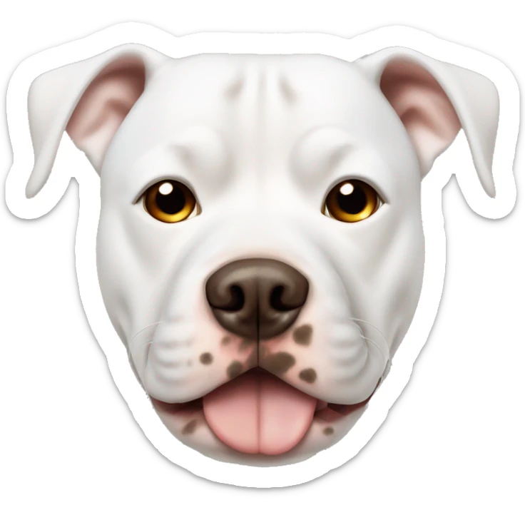white pitbull dog with brown spots in the face and a big one spot in the eye and one brown ear sticker