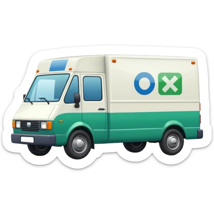 a white delivery van with green and blue color on the delivery van tarpaulin.  sticker