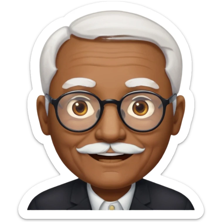 an elderly man with medium-dark skin tone, bald on top with short white hair at the sides, thick white eyebrows, large brown eyes, and wears black-framed glasses.
A small white beard sticker