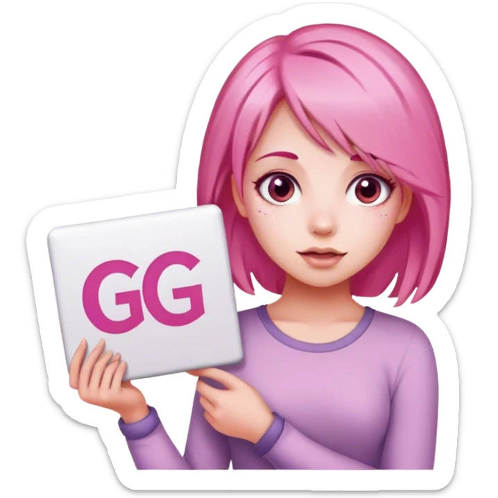girl with pink hair, big sign, sign says "GG" sticker