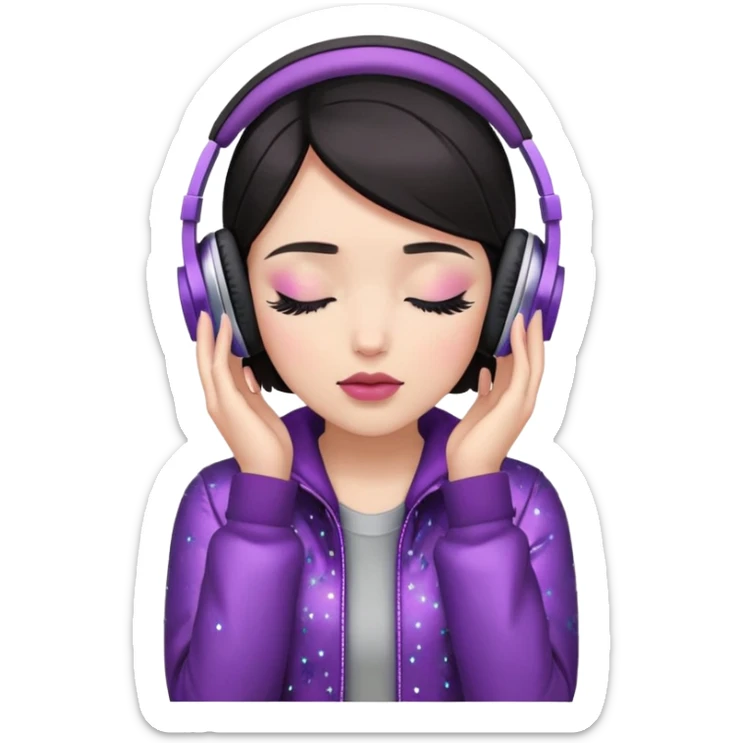 Girl with dark hair, wearing a jacket, has glitter on her eyelids, and wearing mauve lipstick, wearing headphones, her hands are on her ears, and her eyes are close sticker