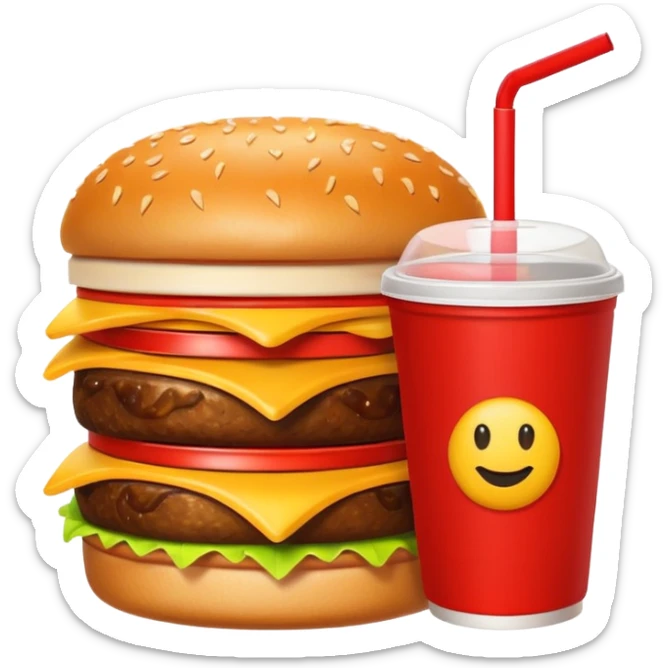 A clean and simple icon of fast food in emoji-style illustration. A burger with fries and a soda cup, bright and bold colors, simple shapes, flat design, high contrast, inviting and appetizing. sticker
