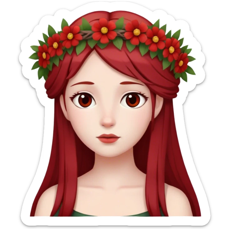 In Greek mythology, Persephone is often depicted as a young goddess with fair skin and dark red, straight hair. She is typically shown wearing a wreath of flowers sticker