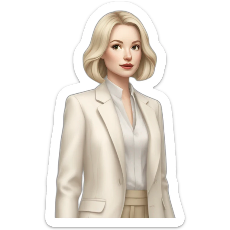 pale skin woman with ash blonde Straightened bob Hair, White Spacious classical jacket, beige palazzo Arrow pants and gray blouse holding a color palettes in the hands sticker