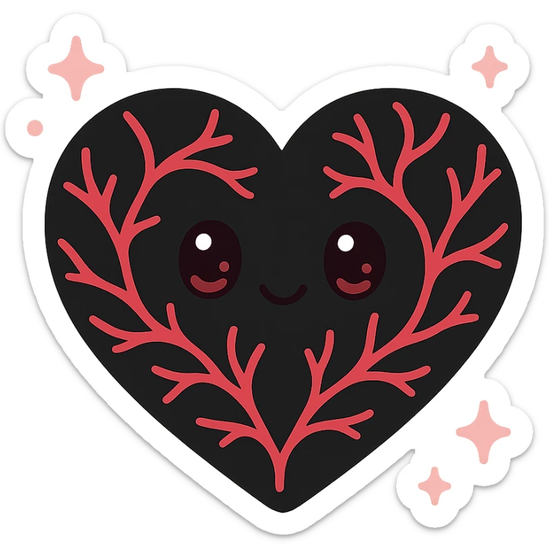 black gothic heart with glowing red veins, ornate, dark, elegant, kawaii style, with cute sparkles sticker