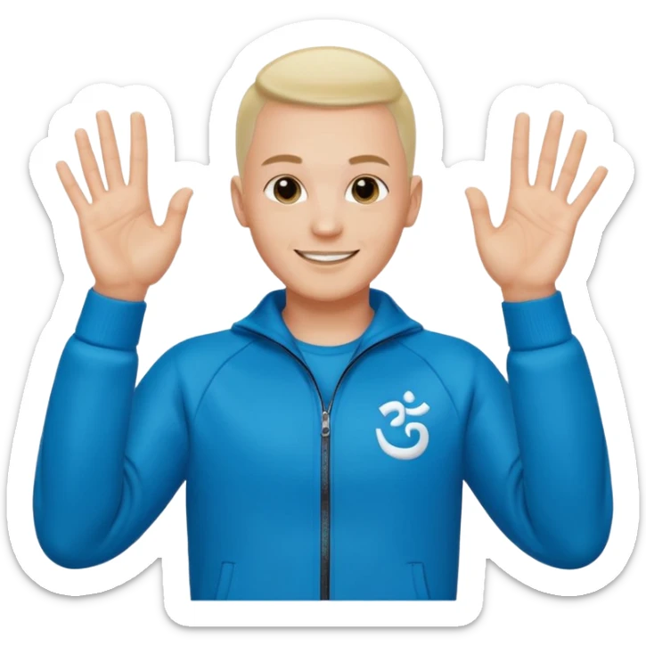 rapeur jul en emoji ios, blanc, rasé sur les cotés, cheveux au centre dressés au gel, signe J avec les mains, survet de l'om sticker