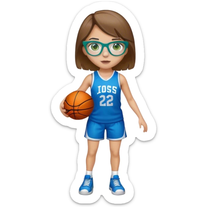 Full Body Girl with basketball short brown hair with blond highlights wearing blue glasses with green eyes sticker