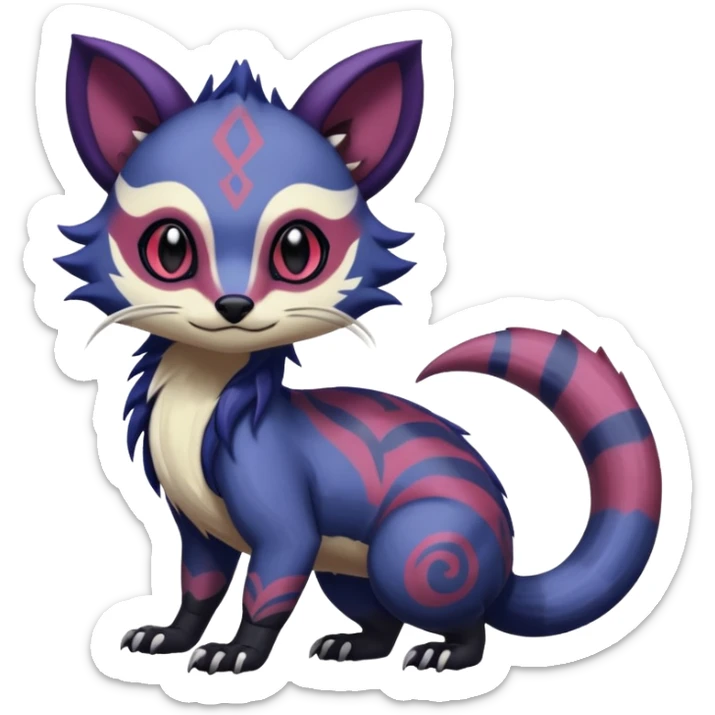 Rare warm-colored exotic gloomy tropical edgy cute epic aesthetic spooky indigo purple white black red gothic colorful Salandit-Furret-Espurr-Meowstic-Civet-species-Fakemon-hybrid-creature, with tribal tattoo markings, full body sticker