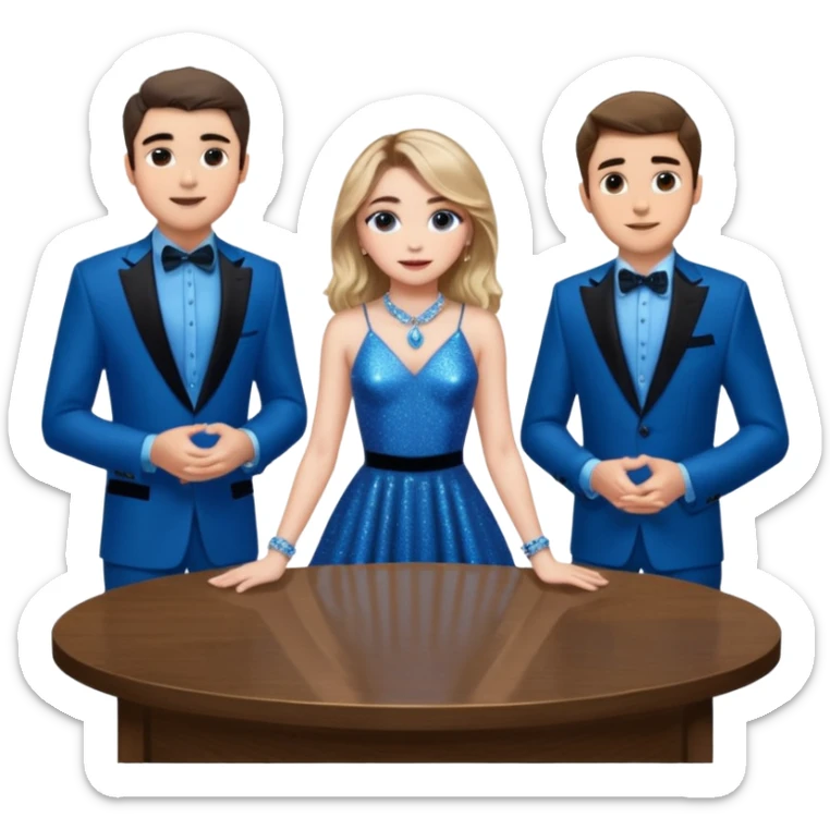 Sabrina carpenter in a blue sparkly dress at a table with 3 handsome men, and she is standing up reaching over  sticker
