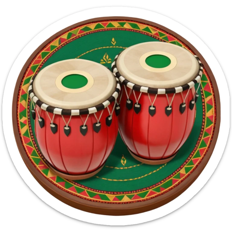 A traditional Pashto tabla (dobrai) placed on a woven mat, with cultural Pashtun patterns in the background. The tabla is wooden with leather drumheads, and vibrant traditional colors like red, green, and gold. Ethnic, folk music theme. sticker