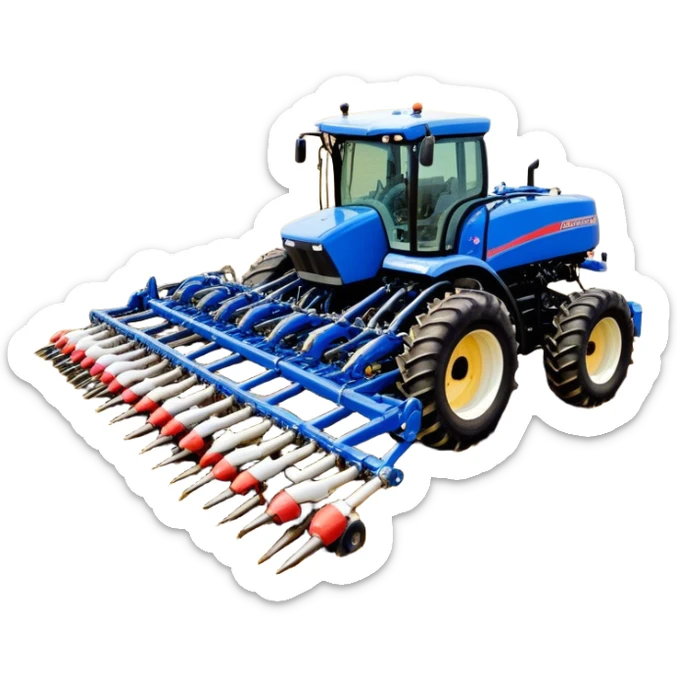 Bourgault 3420 Paralink Hoe Drill (2022) – Cinematic-realistic Bourgault 3420 Paralink Hoe Drill, its massive blue frame stretching across the vast fields. The powerful machine plants seeds with pinpoint accuracy as the sun rises over the horizon, golden dust swirling in the crisp morning air. sticker