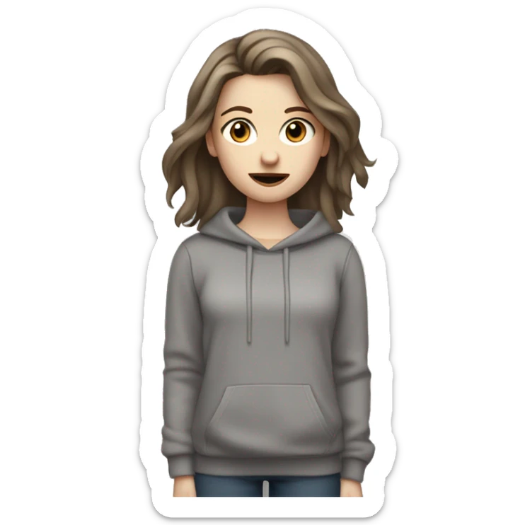 a girl wearing a grey sweatshirt, with brown long layered middle parted hair, hazel eyes, pale skin, dark lips, singing into a microphone sticker
