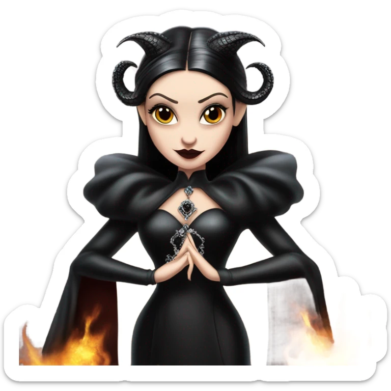 Lavish Victorian evening gown, young Morticia Addams Jedi wearing a mini tiara, riding on the back of a very large black shiny evil-looking fire-spewing horned dragon sticker