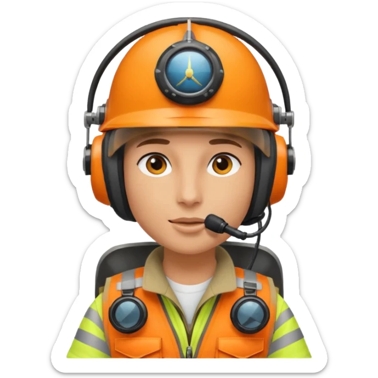 Helikopter-Flughelfer mit Oranger Weste und Helikopter Flug Helm auf dem Kopf inkl. am Helm integrierten Mikrofon vor dem Gesicht. sticker