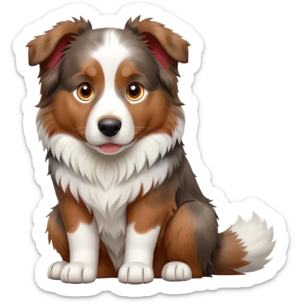 cinematic-[australian shepherd dog]-realistic-full-body-sitting-emoji,-tail-resting-loosely-beside-its-paws,-head-tilted-dramatically,-scruffy-[white and red merle]-fur,-simplified-yet-realistic-focused-features,-highly-detailed,-glowing-with-an-almost-sarcastic-glow sticker