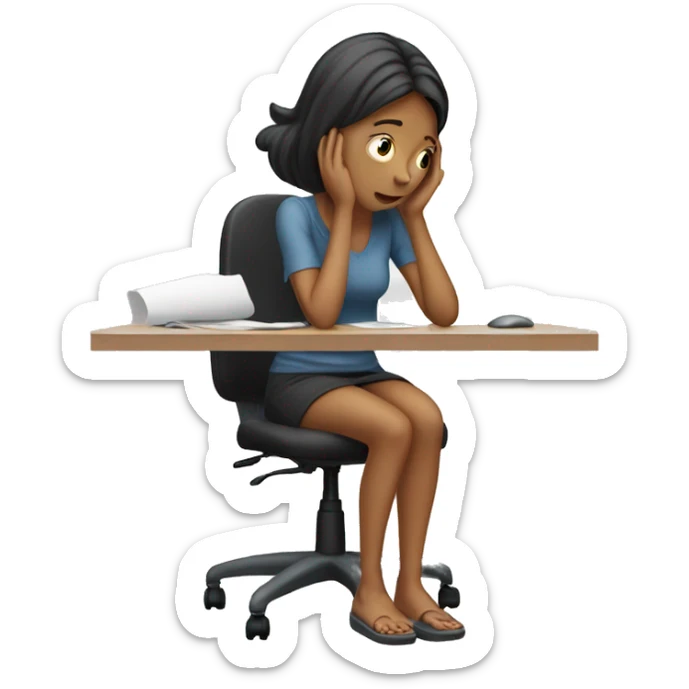 full body girl sitting at her desk with her hands on her head, she is visibly stressed. sticker