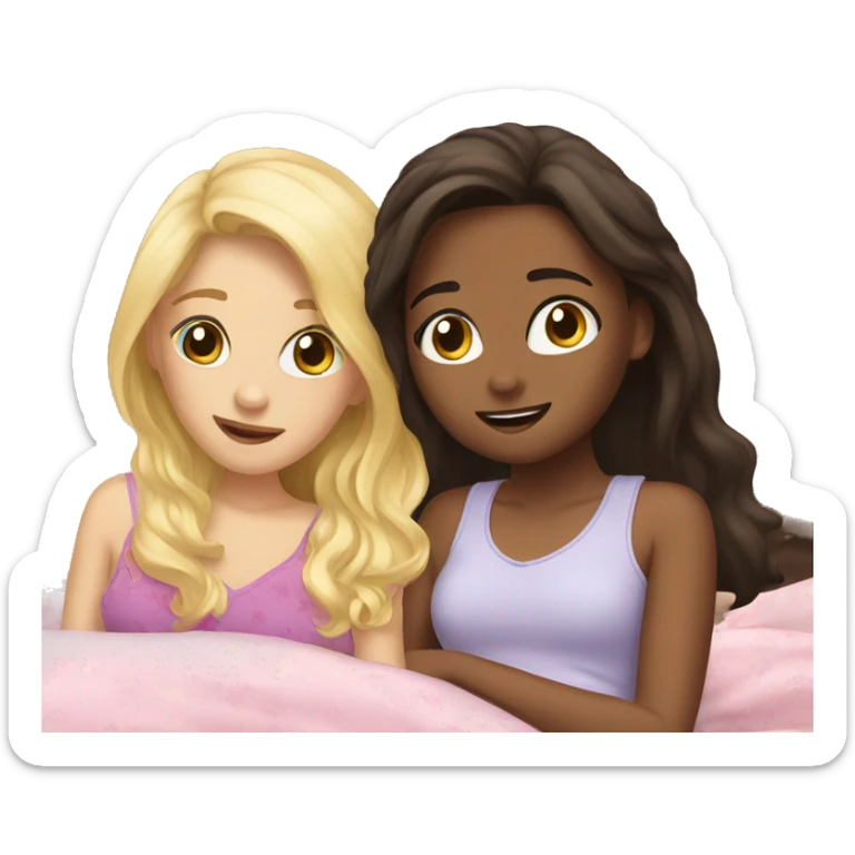 Blonde girl and brunette girl in bed at sleepover sticker