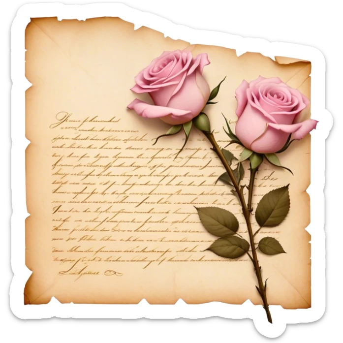 An antique handwritten letter with dried light pink roses and a golden wax seal, vintage aesthetic. sticker