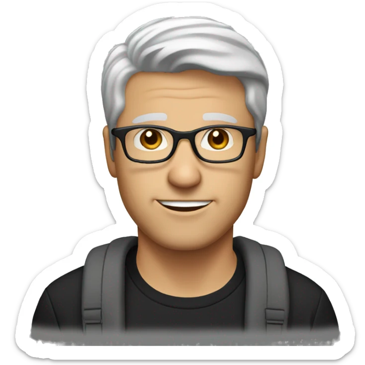 white man with short brown-gray hair, brown eyes, and glasses wearing a black t-shirt sticker