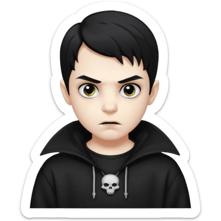 Vampire boy with the black hair, pale-white skin, black eyes, little fangs and dark circles under his eyes. He has serious face and he wear a black oversize sweatshot sticker
