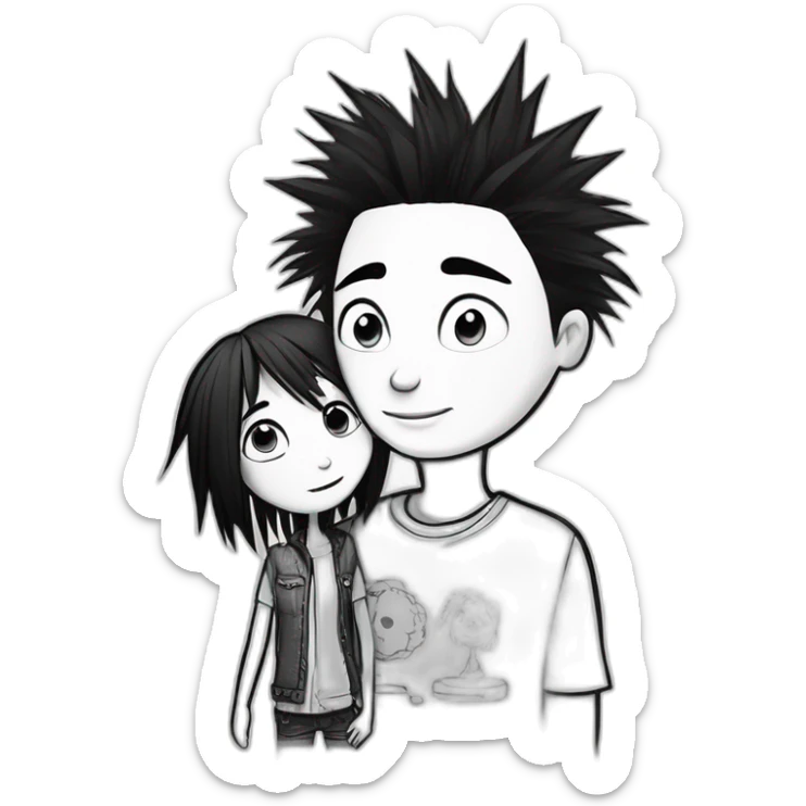 a dog and a girl with black spiky hair looking at each other in style of ((sarah andersen)), black and white,sarah andersen,cartoon,drawn,sketch sticker