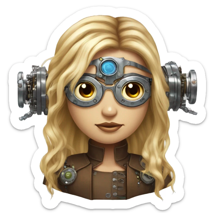 Brown long hair with blonde steaks female cyborg head, fair skin, steampunk goggles and circuits sticker