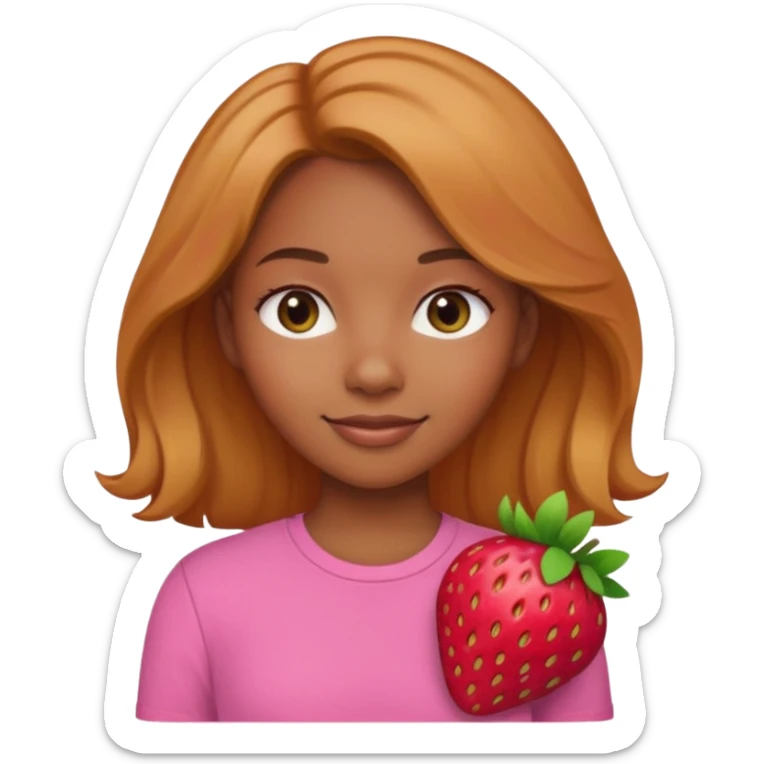 black girl with olive skin, natural-looking strawberry blonde-brunette hair, pink shirt, gentle smile, Apple emoji style sticker