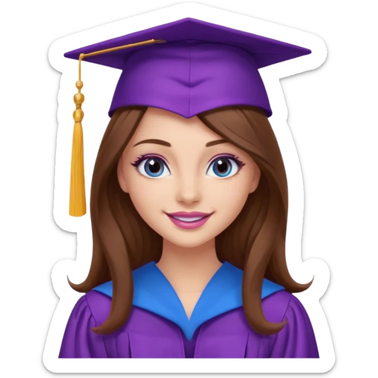 girl with gorgeous long brown hair, blue eyes, long lashes makeup, sexy pink lips, wearing a purple graduation cap and gown sticker