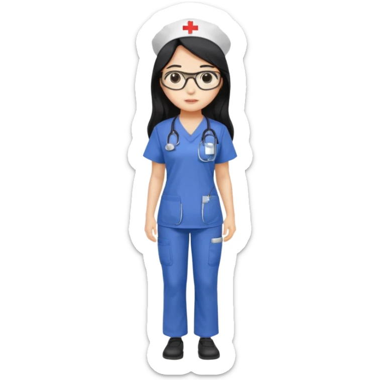 Large breasted Beautiful Asian girl with long black hair and glasses wearing nurse scrubs.  Full body picture sticker
