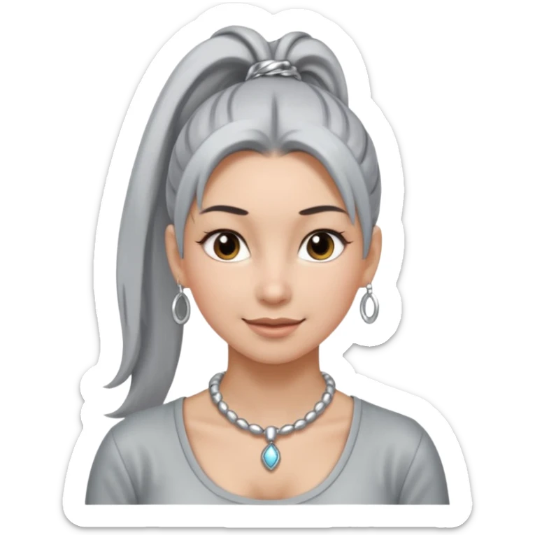 Female with very long + big Silver Necklace, grey skin,ponytail hair, more bright silver,highlight necklace, different expressions. sticker