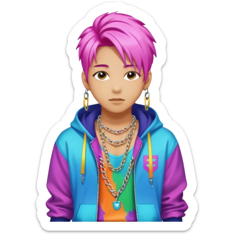 portrait of young idol in Kpop style, wearing flashy streetwear outfit, colorful dyed hair, confident pose, accessorized with chains  sticker