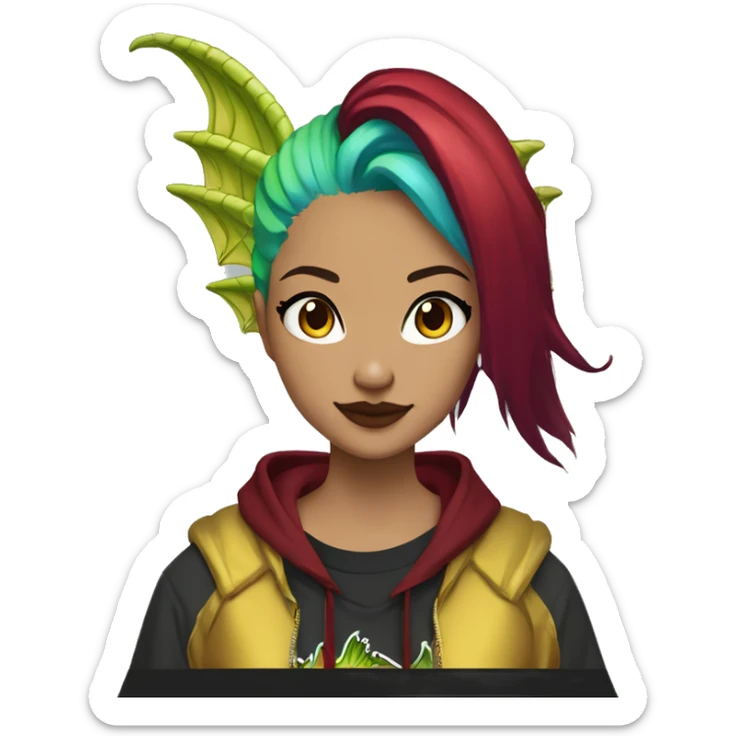 Lady with brunette and iridescent blue hair, gold, lime green dragon wings, maroon hoodie, 420, black and gold Nike t shirt, and bright red eyes sticker