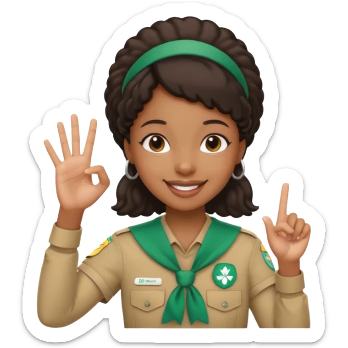 Create me a black Girl Scout emoji holding up Girl Scout hand sign sticker