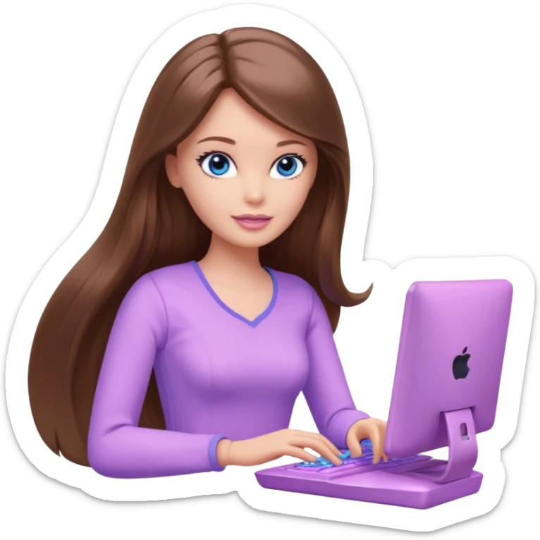 beautiful barbie girl with long brown hair, blue eyes and wearing light purple clothes playing computer games sticker