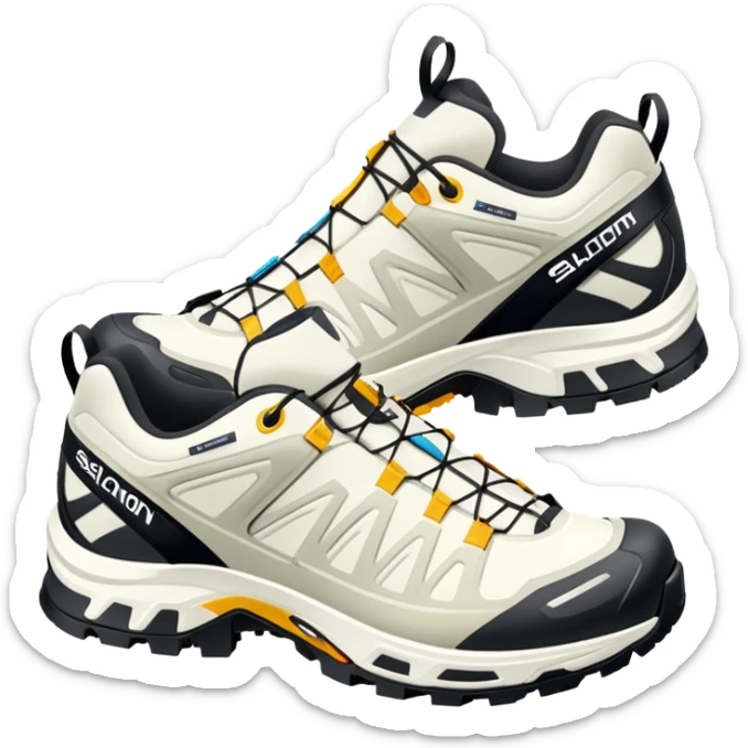 Minimalist iOS-style emoji of white Salomon XT-6 Gore-Tex shoes positioned as a pair with one behind the other, simple clean lines but recognizable technical hiking shoe details sticker